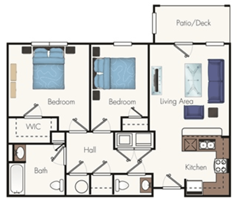 Floor plan for 2 beds, 1.5 baths, 900 sqft